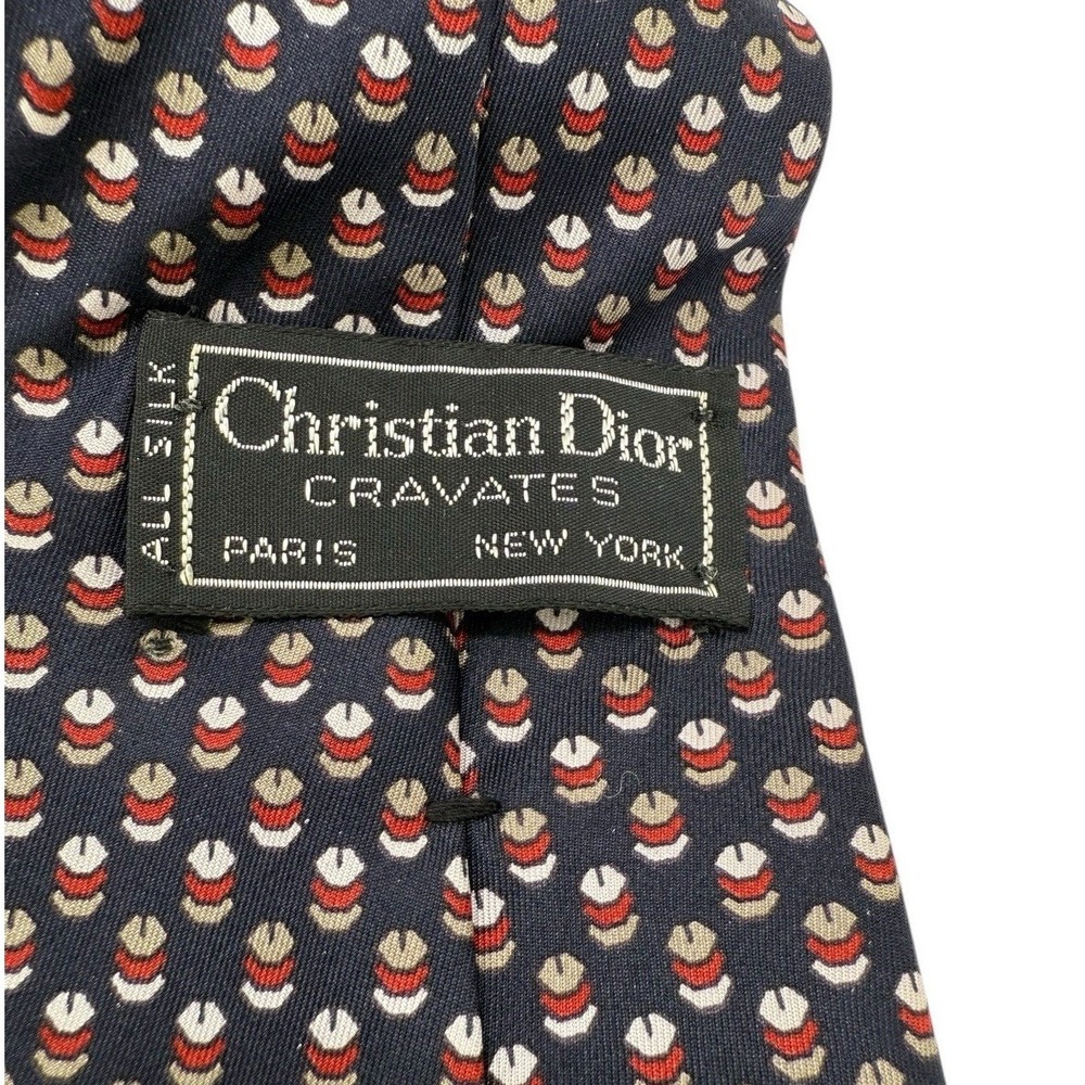 Christian Dior Cravates Silk Necktie Navy‎ Blue Red White Tan Geometric Pattern